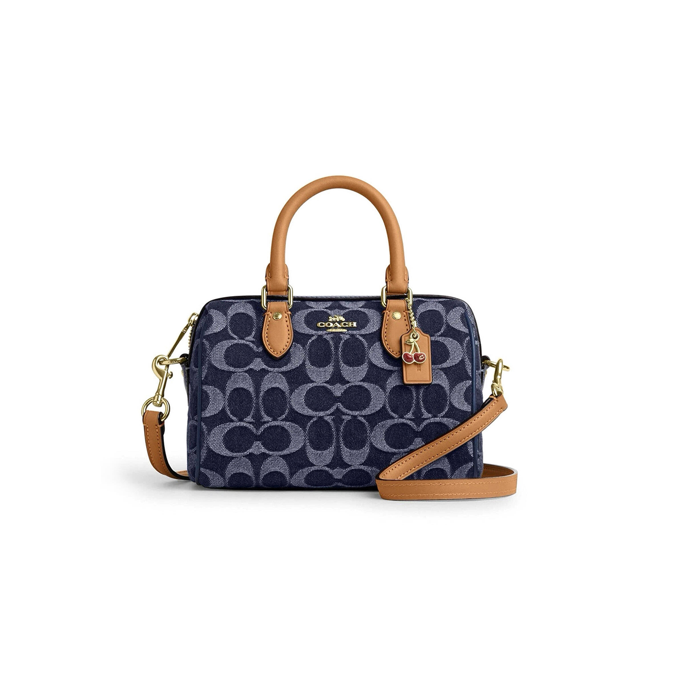 c0a*h mini rowan crossbody bag in signature De*1m with cherry charm cy742 (18*12*10cm)